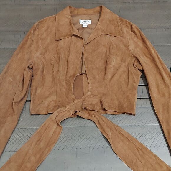 VAKKO NY 90s Y2K Tan Brown Goat Suede Cropped Tie Front Shirt Sz L - Picture 2 of 10